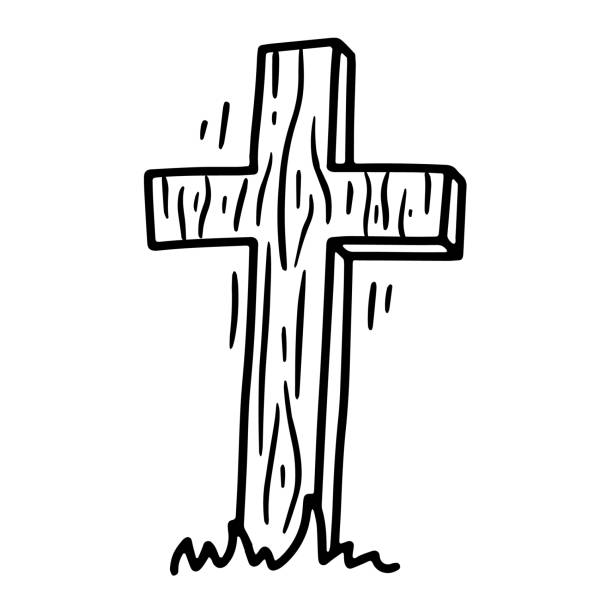 istock Grave Wooden Cross for Halloween linear vector icon in sketch style 1341927009