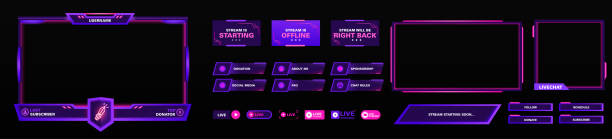 das moderne thema für twitch-screen-panel . die overlay-frame-set-designvorlage für das streaming von spielen. vektorviolett und pink futuristisches design - game stock-grafiken, -clipart, -cartoons und -symbole