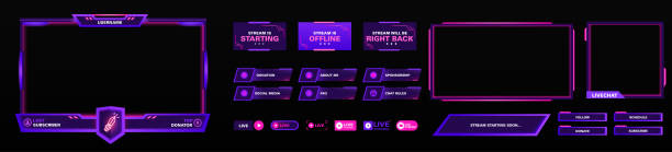 The modern theme for twitch screen panel . The overlay frame set design template for games streaming. Vector violet and pink futuristic design The modern theme for twitch screen panel . The overlay frame set design template for games streaming. Vector violet and pink futuristic design. construction frame stock illustrations