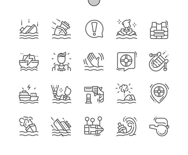 Shipwreck. Overboard passenger. Ship is sinking. Storm, life jacket, lifeboat and whistle. Pixel Perfect Vector Thin Line Icons. Simple Minimal Pictogram Shipwreck. Overboard passenger. Ship is sinking. Storm, life jacket, lifeboat and whistle. Pixel Perfect Vector Thin Line Icons. Simple Minimal Pictogram sinking ship images stock illustrations