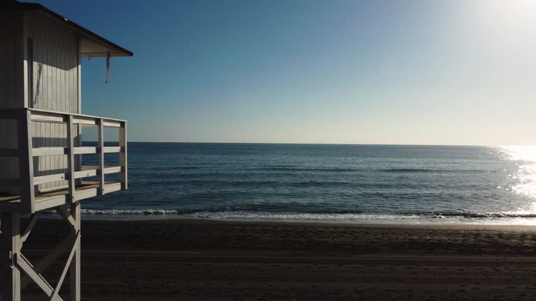 relaxing Drone aerial view of a safe guard tower sea