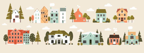 ilustrações de stock, clip art, desenhos animados e ícones de tiny cute small buildings with windows - miniature city isolated