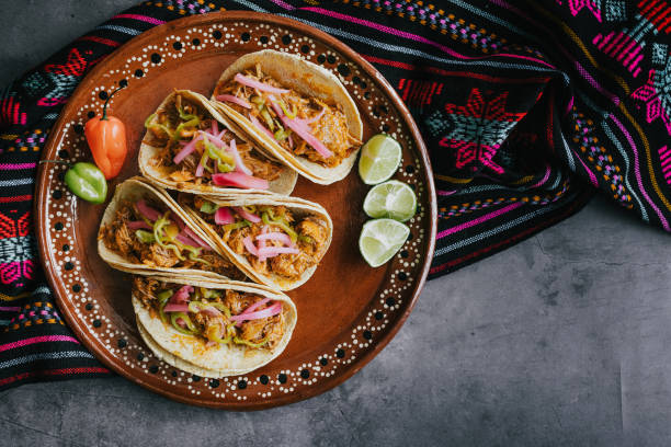 mexikanische tacos flat lay komposition mit schweinefleisch carnitas, cochinita pibil, zwiebel und habanero chili traditionelle küche in mexiko - mexican dish stock-fotos und bilder