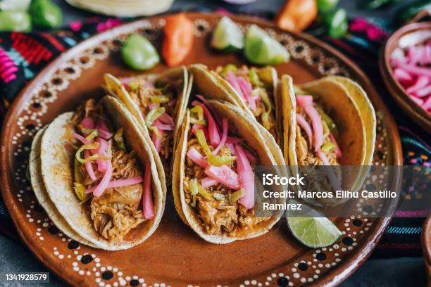 Mexican Tacos Flat Lay Composition With Pork Carnitas Cochinita Pibil Onion And Habanero Chili Traditional Food In Mexico Stock Photo - Download Image Now