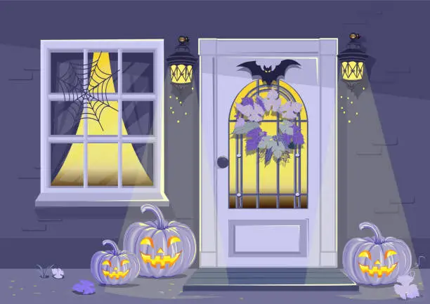 Vector illustration of front door is decorated for Halloween