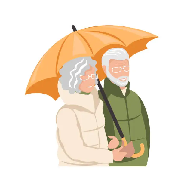 Vector illustration of Elderly man and woman are walking with an umbrella