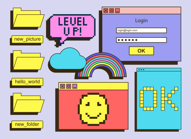 Set of icons for user interface Set of icons for user interface. Retro stickers with folder, buttons, dialog box and login window. Design elements for website, application. Cartoon flat vector collection isolated on blue background windows folder icon stock illustrations