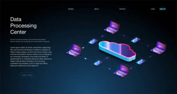 Vector illustration of Isometric modern web cloud technology and networking concept.  Cloud computing, big data. The concept of a data processing center