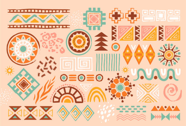 ilustraciones, imágenes clip art, dibujos animados e iconos de stock de coloridas formas de arte abstracto africano sobre fondo pastel - indigenous culture