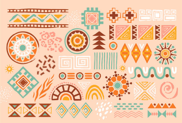 Colorful african abstract art shapes on pastel background Colorful african abstract art shapes on pastel background. Ethnical ribal doodle decoration with random shapes, animal print texture and traditional hand drawn icons. Flat cartoon vector illustration indigenous culture stock illustrations