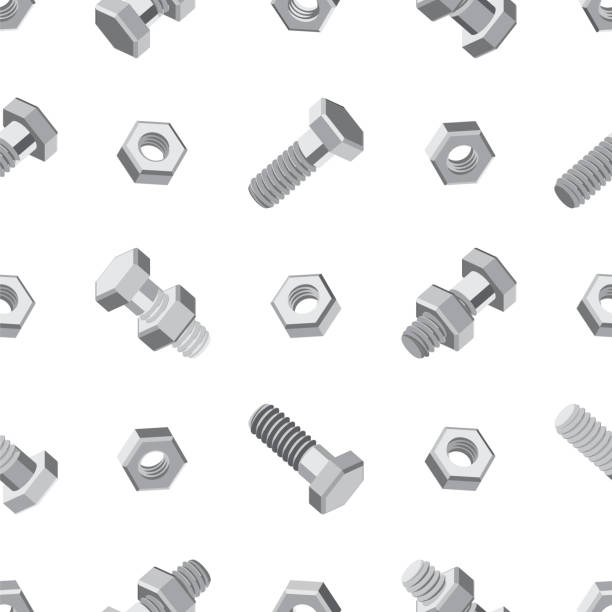 Bolts and nuts. Isometric 3D vector seamless pattern. Seamless pattern with bolts and nuts on a white background. Isometric 3D vector illustration in flat style. For repair service, technical support, tool shop or others. screw industry bolt nut stock illustrations