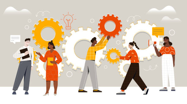 Male and female characters are assembling cogwheels together at work Male and female characters are assembling cogwheels together at work. Concept of work operations and teamwork productivity. Business workflow as cogwheel mechanism. Flat cartoon vector illustration efficiency illustrations stock illustrations