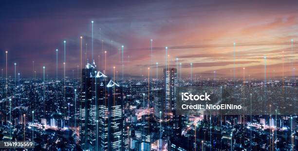 Telecommunication Connections Above Smart City Futuristic Cityscape Concept For Internet Of Things Fintech Blockchain 5g Lte Network Wifi Hotspot Access Cyber Security Digital Technology Stock Photo - Download Image Now