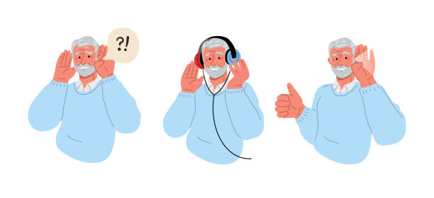 年配の男性は耳が聞こえない。高齢者のための聴力試験。ベクトルフラットイラストレーション。 - hearing aid点のイラスト素材／クリップアート素材／マンガ素材／アイコン素材