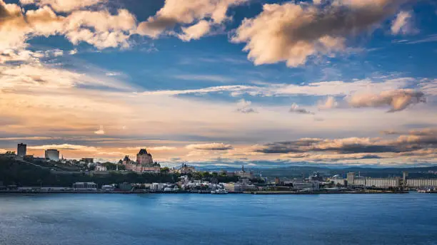 Photo of old Quebec City, with the Chateau Frontenac at sunset, seen from the St. Lawrence River