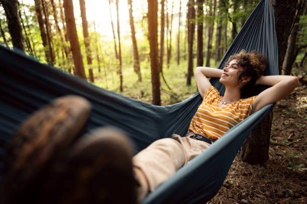 istock Beautiful female hiker resting in a hammock in the pine forest 1341938506