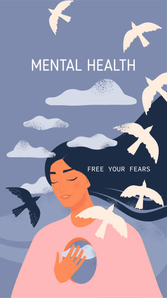 Mental health. A girl with a hole in her mind and flying birds to the clouds on Celestial background. Mental health. A girl with a hole in her mind and flying birds to the clouds on Celestial background sad woman thinking stock illustrations