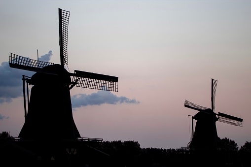 Silhouette of traditional Dutch windmills