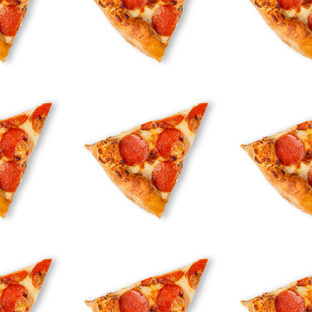 istock Seamless slice or piece of pizza pattern isolated on white background. Top view on paperoni pizza food background 1341941129