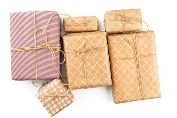 istock Wrapped christmas presents isolated on white background 1341942259