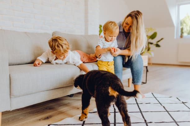 istock Little boys playing with mom and dog 1341942608