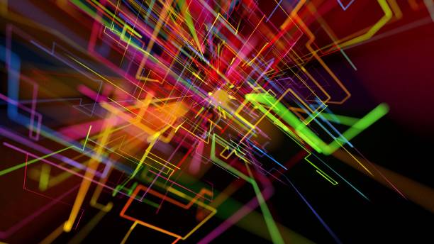 istock 3d rendering sci-fi bg like abstract hologram. Multicolor neon glow lines form digital 3d space. Connection concept, visualization of multiple calculations of various branches neural network or AI 1341942629