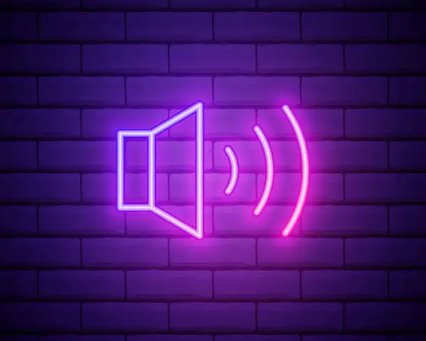 Vector illustration of Simple volume icon, audio speaker, sound symbol. Colour neon style on brick wall background. Light linear icon with editable stroke