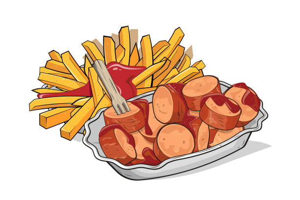 illustrazioni stock, clip art, cartoni animati e icone di tendenza di currywurst tedesco con patatine fritte - currywurst