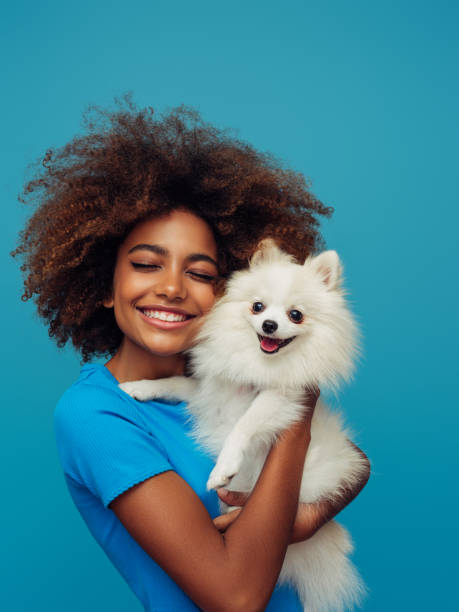 portrait en studio d’une jeune fille afro-américaine souriante tenant un petit chien - isolated dog animal puppy photos et images de collection