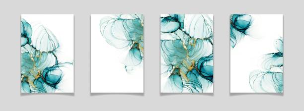 ilustrações de stock, clip art, desenhos animados e ícones de pastel cyan mint liquid marble watercolor background with gold lines and brush stains. teal turquoise marbled alcohol ink drawing effect. vector illustration backdrop, watercolour wedding invitation - vector ink water backgrounds