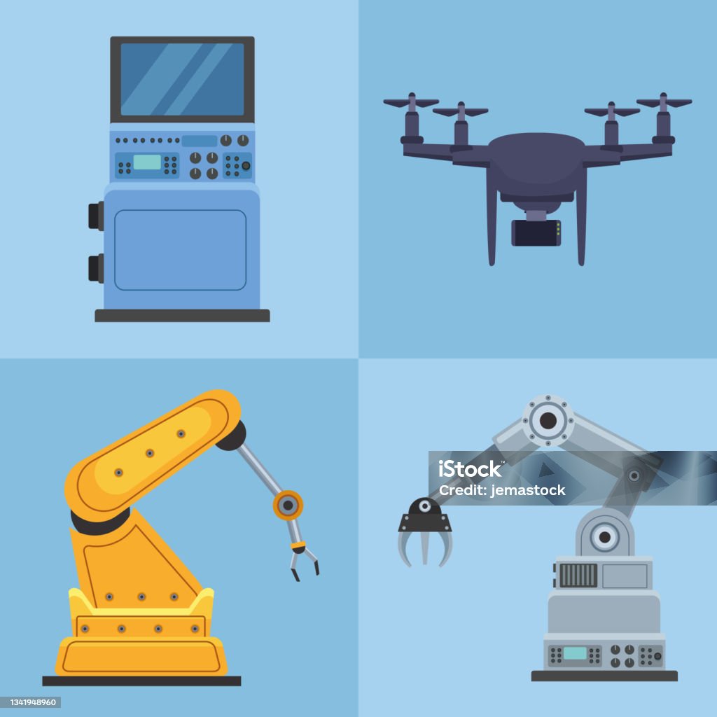 Robot Machine Output Four Production Robotic Machines Stock Illustration - Download Image ...