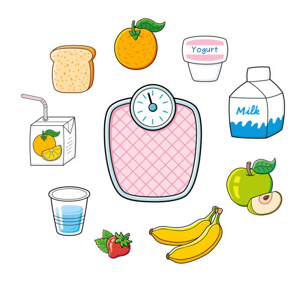 illustrazioni stock, clip art, cartoni animati e icone di tendenza di bilance pesi e cibo sano - comparison apple orange isolated