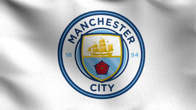 Manchester City F.C. Flag blowing in the wind. Emblem of Football Club FC Premier League. Champion winner in soccer. 3d illustration. Sport team game.