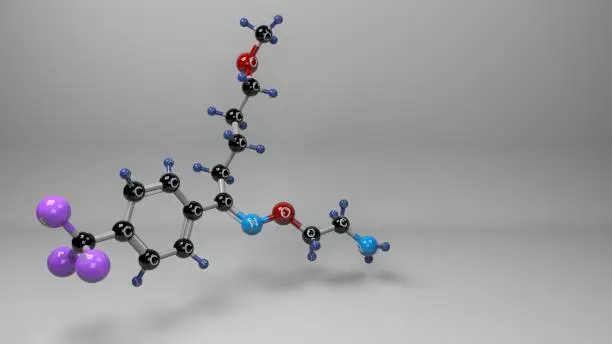 Molecular structure of fluvoxaminum, antidepressant, antiobsessive-compulsive, and anxiolytic compound investigated as a treatment for COVID-19. Footage available.