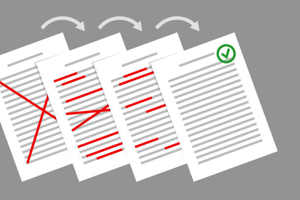 Stack of papers with red corrections, and final corrected document vector art illustration