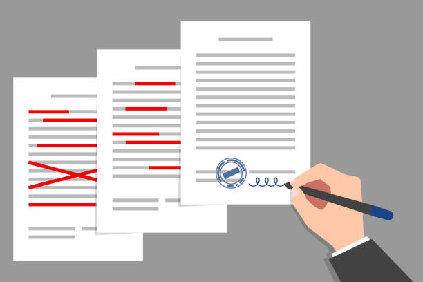 Stack of documents with corrections, and signing of final corrected document vector art illustration