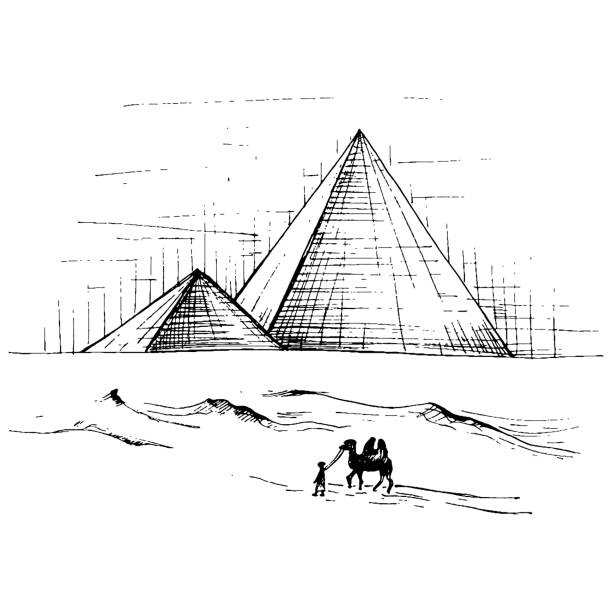 ilustrações de stock, clip art, desenhos animados e ícones de panorama desert with pyramid and camel. vector vintage hatching - egypt camel pyramid shape pyramid