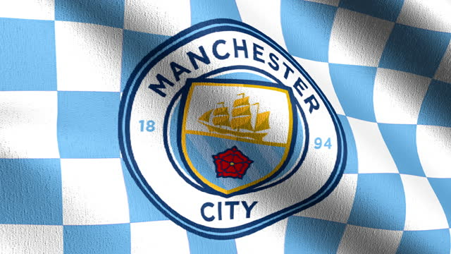 Manchester City F.C. Flag blowing in the wind. Emblem of Football Club FC Premier League. Champion winner in soccer. 3d illustration. Sport team game.
