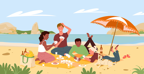 Friends people on beach picnic in summer sea shore landscape vector illustration. Cartoon characters playing card game, lying on blanket under beach umbrella with pet dog, seashore scenery background