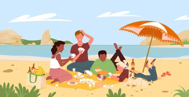 Vector illustration of Friends people on beach picnic in summer sea shore landscape, playing fun card game