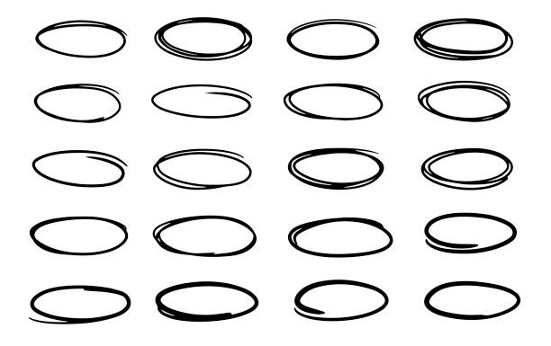 손으로 그린 타원형, 펠트 펜이 그려진 원. 낙서 블랙 프레임의 벡터 컬렉션입니다. - ellipse stock illustrations