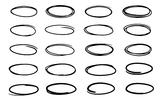 hand-drawn ovals, circles with felt-tip pen. Vector collection of doodle black frames.
