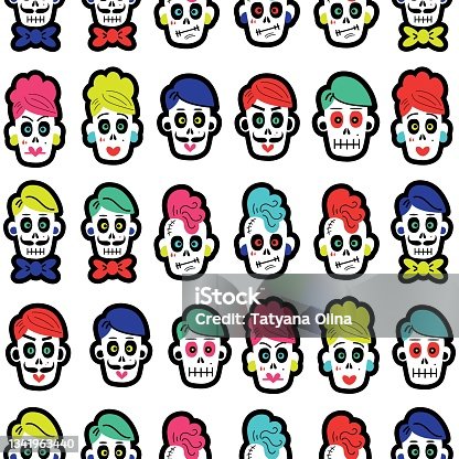 istock Seamless pattern with colorful funny skulls. vector illustration 1341963440