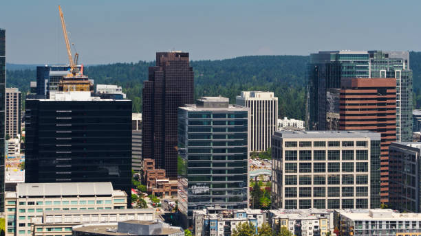 istock Drone View Along Downtown Streets Between Modern High Rises in Bellevue, Washington 1341966311