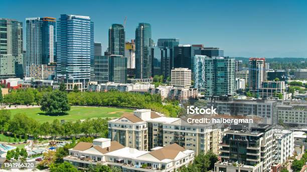 Bellevue Downtown Park On A Sunny Day Drone Shot Stock Photo - Download Image Now - Bellevue - Washington State, Washington State, Downtown District
