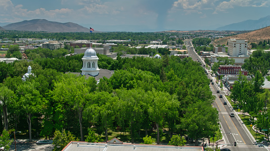 Aerial shot of the state capitol building dome in Carson City, Nevada on a sunny day in summer.