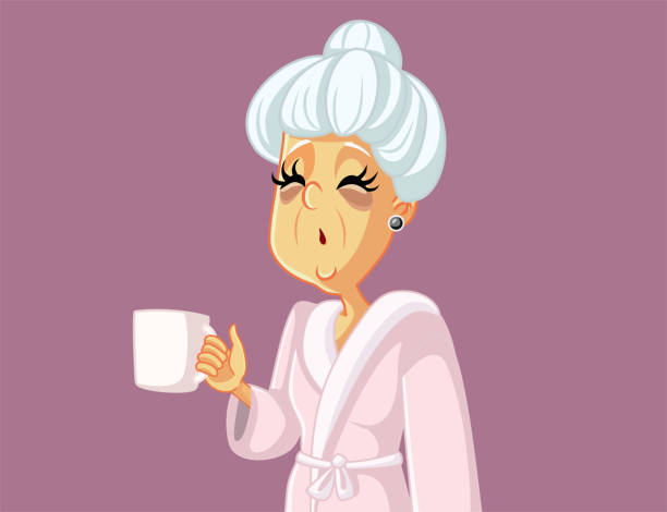 Tired Old Woman Holding a Coffee Mug Vector Cartoon Exhausted elderly lady suffering from insomnia sleep deprivation sad old woman stock illustrations