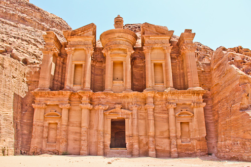 Monastery Rock carving at Petra, Jordan. No people, Copy space