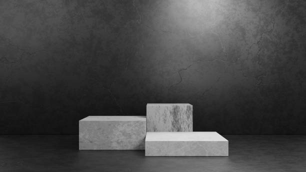 istock Cube concrete pedestal podium on dark grey concrete studio room background for presentation template.Geometry exhibition stage mock up.3D rendering illustration. 1341976672