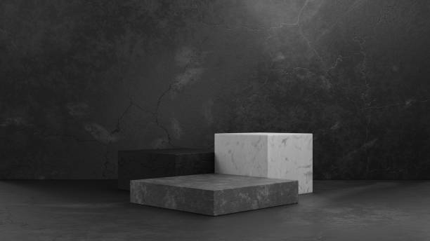 istock Cube concrete pedestal podium on dark grey concrete studio room background for presentation template.Geometry exhibition stage mock up.3D rendering illustration. 1341976674